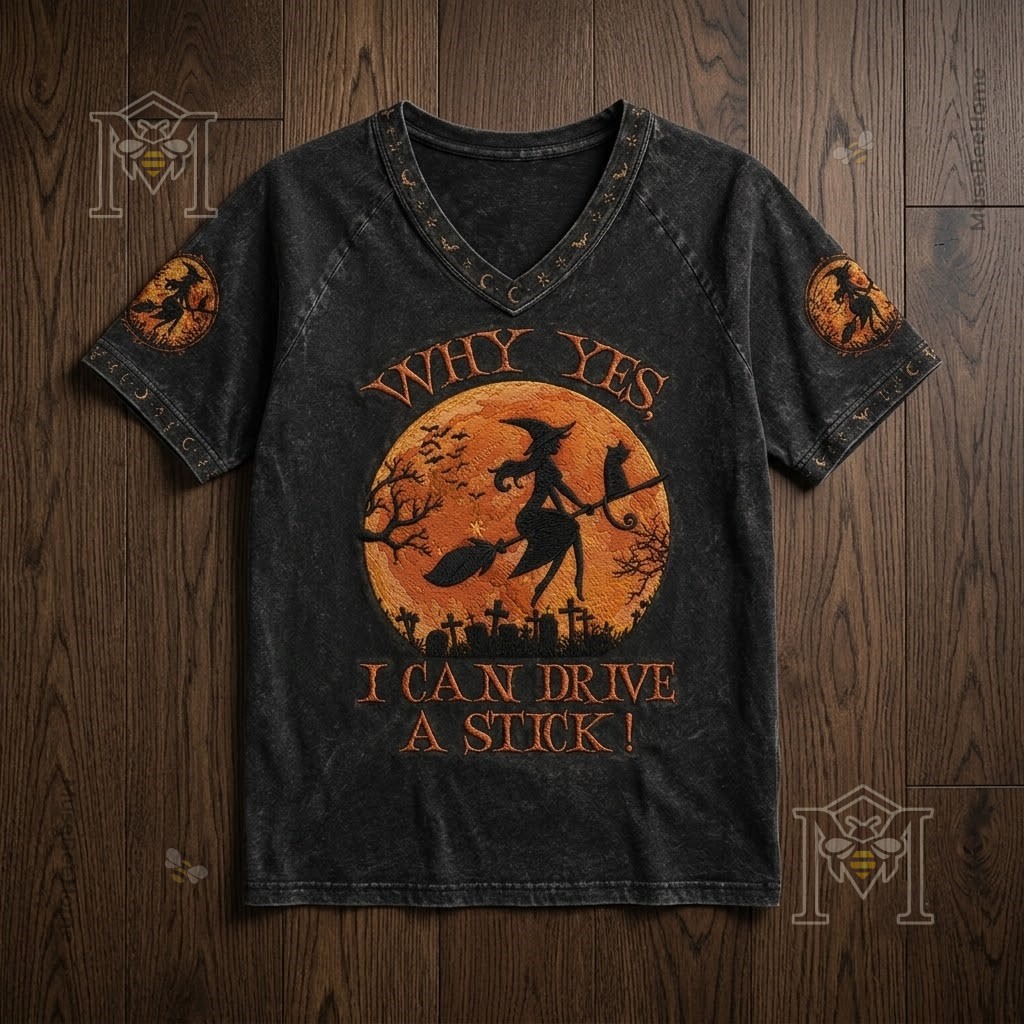 Halloween Witch Flying Broomstick I Can Drive A Stick V-Neck T-Shirt - close-up on shoulder and collar detail