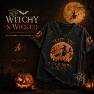 Halloween Witch Flying Broomstick I Can Drive A Stick V-Neck T-Shirt - full product view with Halloween decor