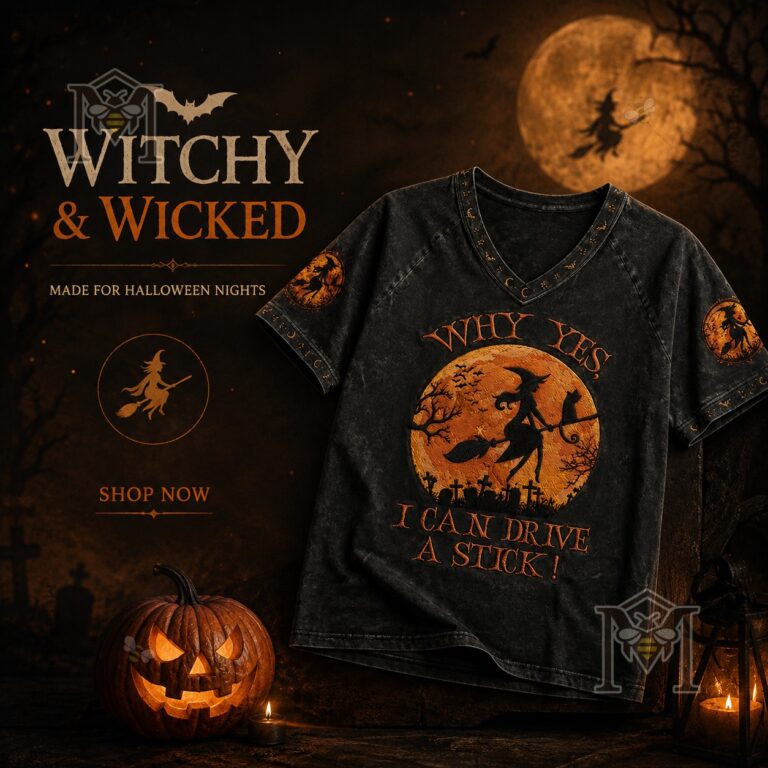 Halloween Witch Flying Broomstick I Can Drive A Stick V-Neck T-Shirt - full product view with Halloween decor