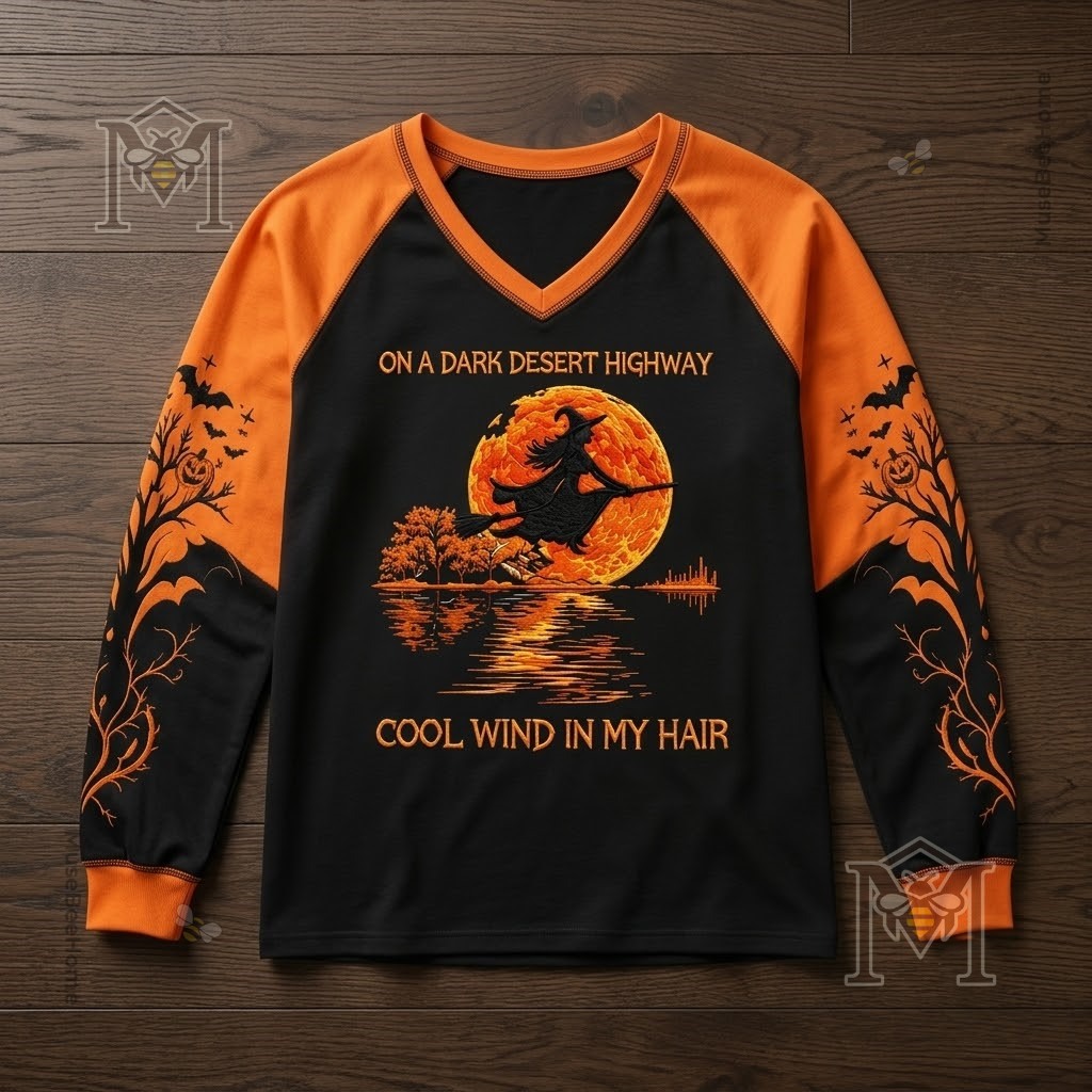 Halloween Witch Flying Moon Hotel Long Sleeve T-shirt - close-up of the short-sleeve version on a dark wood