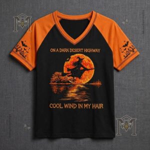 Halloween Witch Flying Moon Hotel Long Sleeve T-shirt - top-down view showing both tops, focusing on the