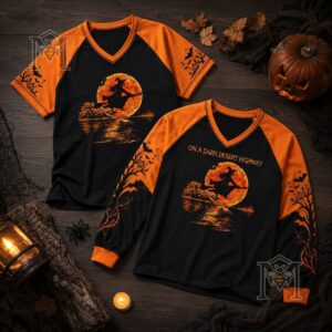 Halloween Witch Flying Moon Hotel Long Sleeve T-shirt - both short and long sleeve tops displayed together