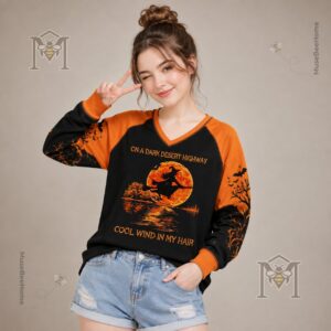 Halloween Witch Flying Moon Hotel Long Sleeve T-shirt - side view of the long-sleeve top's patterned sleeve