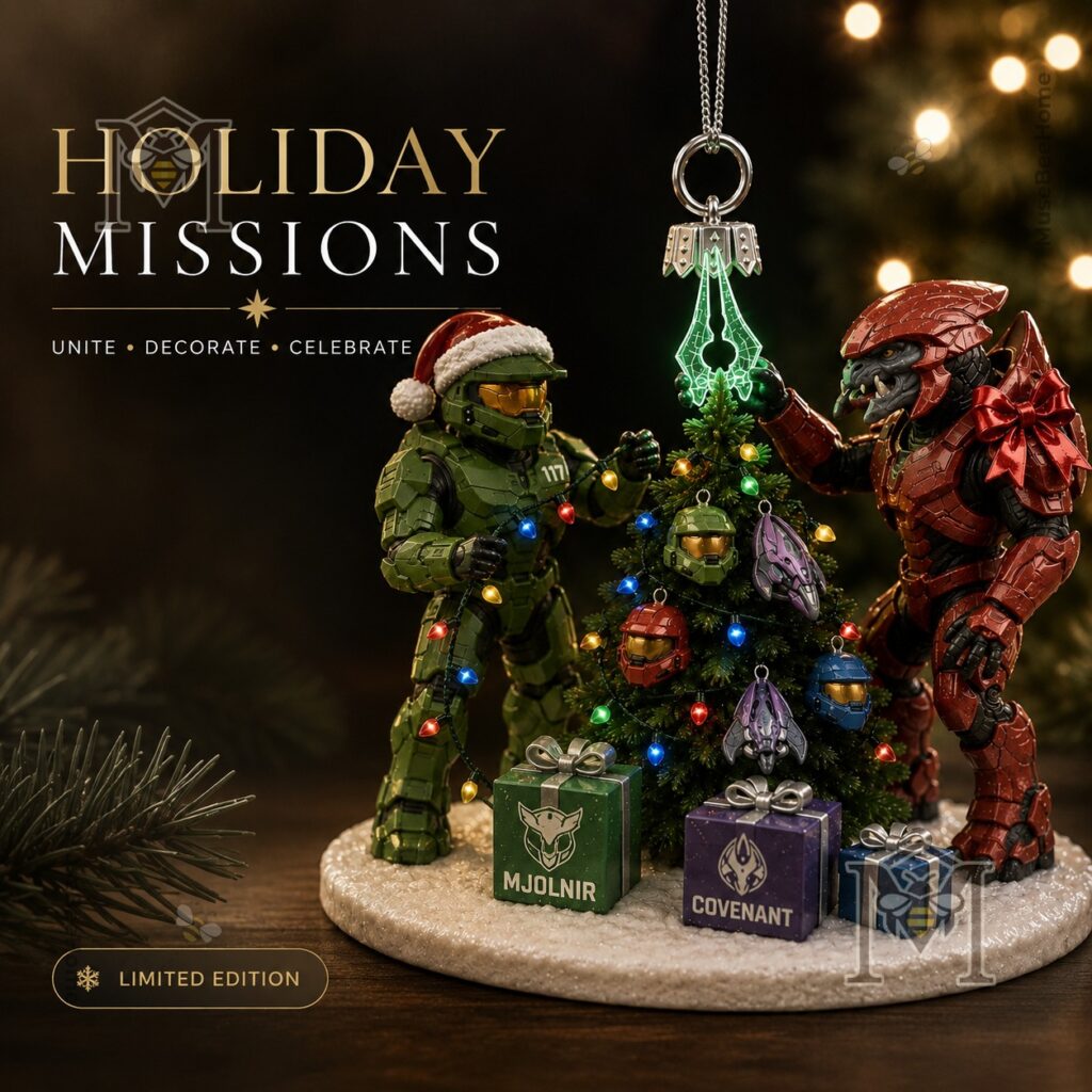 Halo Master Chief & Arbiter Christmas Ornament 2026 – Full front view with decorated Halo Master Chief & Arbiter Christmas Ornament 2026 - full front view with decorated tree