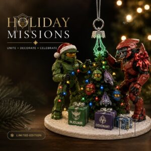 Halo Master Chief & Arbiter Christmas Ornament 2026 - full front view with decorated tree