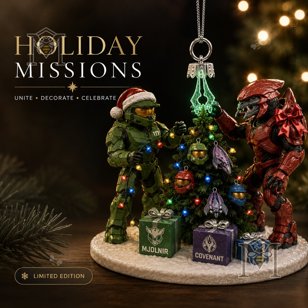 Halo Master Chief & Arbiter Christmas Ornament 2026 - full front view with decorated tree