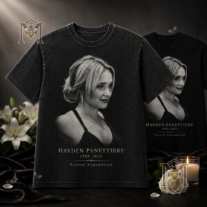 Hayden Panettiere Memorial 1989-2026 Forever Remembered T-Shirt - front view on a dark background with flowers