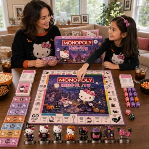 Hello Kitty Halloween Board Game - box, game board, houses, and dice
