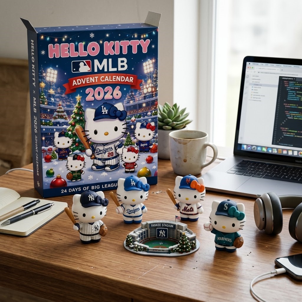 Hello Kitty MLB Advent Calendar 2026 - top two rows of figurines and Yankee Stadium model
