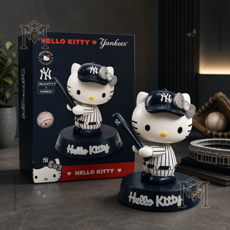 Hello Kitty New York Yankees Collectible Bobblehead Figure 2026 - close-up on box and figure wearing cap