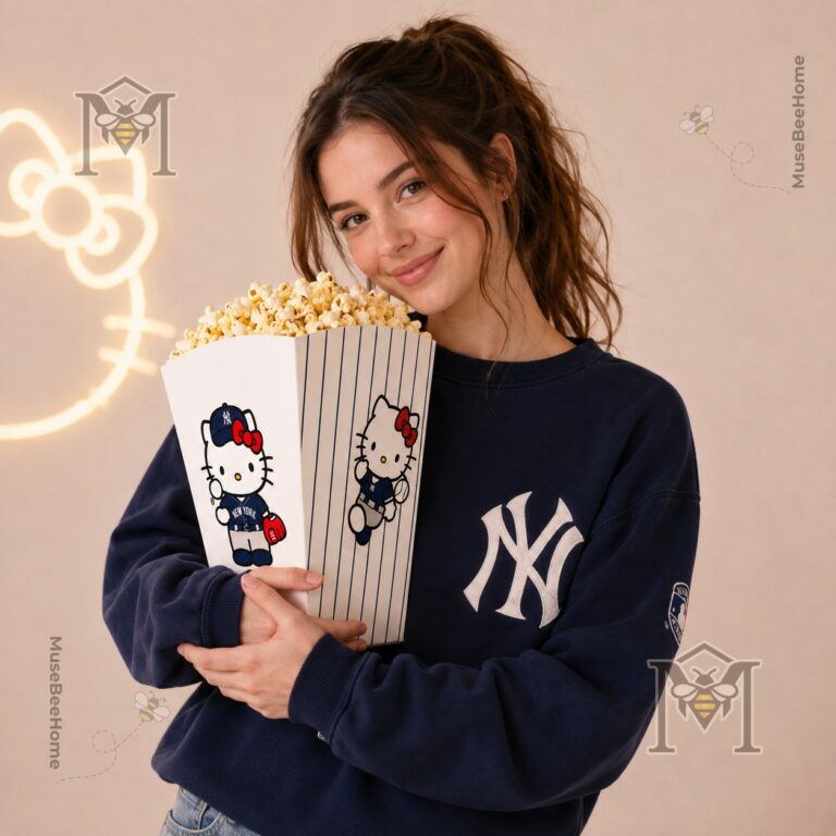 Hello Kitty New York Yankees Souvenir Popcorn Bucket - close-up of Hello Kitty in cap