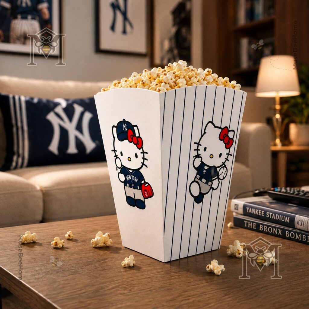Hello Kitty New York Yankees Souvenir Popcorn Bucket - close-up of Hello Kitty running