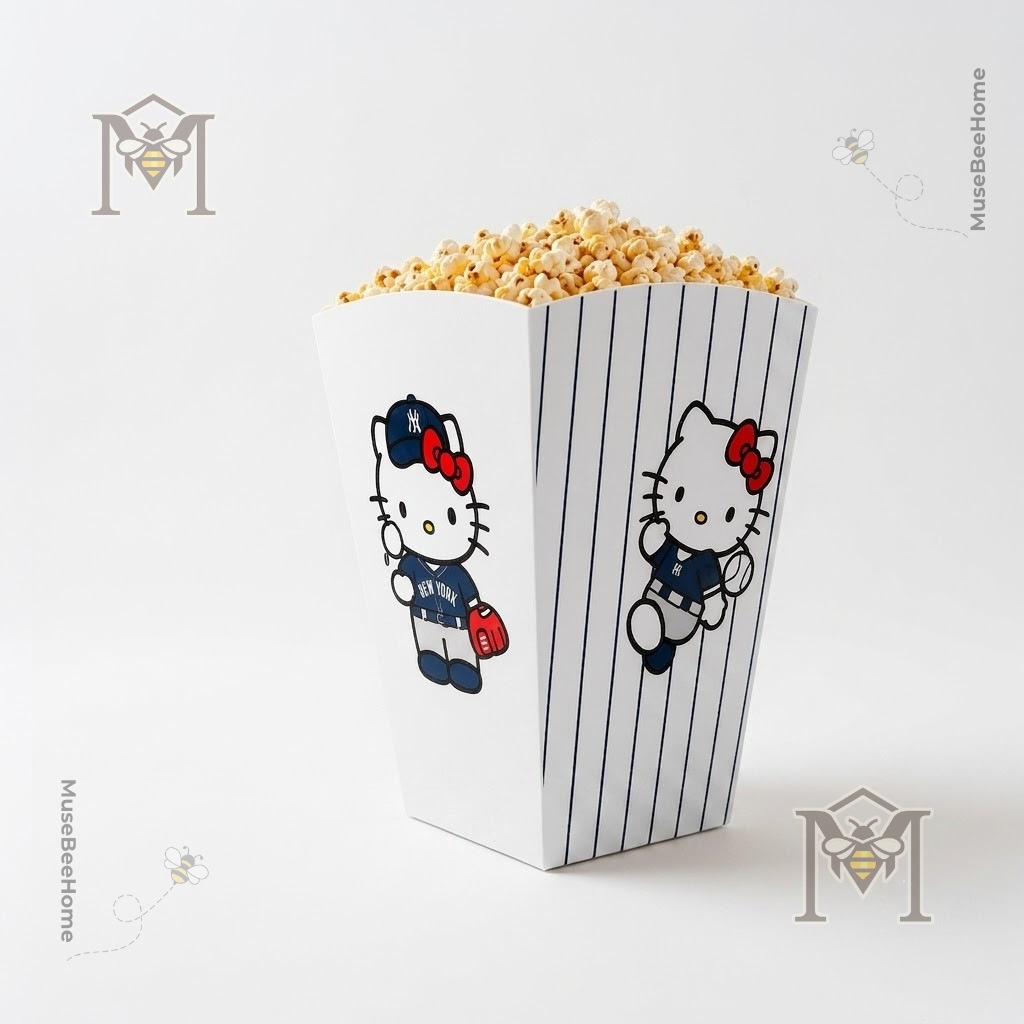 Hello Kitty New York Yankees Souvenir Popcorn Bucket - side view with Hello Kitty character and baseball