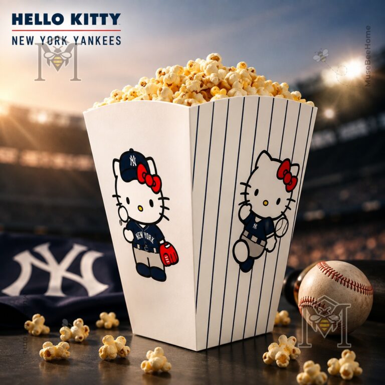 Hello Kitty New York Yankees Souvenir Popcorn Bucket - full view filled with popcorn