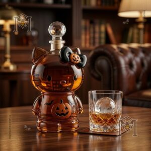 Hello Kitty Pumpkin Bow Halloween Whiskey Decanter - close-up of face, bow, and stopper
