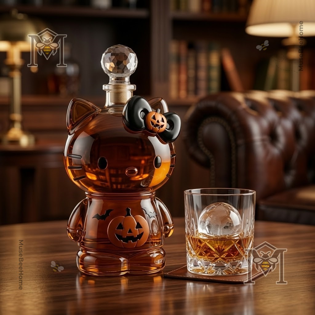 Hello Kitty Pumpkin Bow Halloween Whiskey Decanter - close-up of face, bow, and stopper