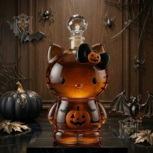 Hello Kitty Pumpkin Bow Halloween Whiskey Decanter - front view with Halloween decor