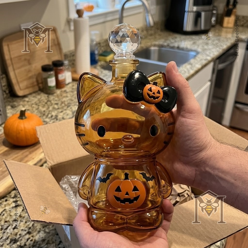 Hello Kitty Pumpkin Bow Halloween Whiskey Decanter - mid-section showing pumpkin and bats