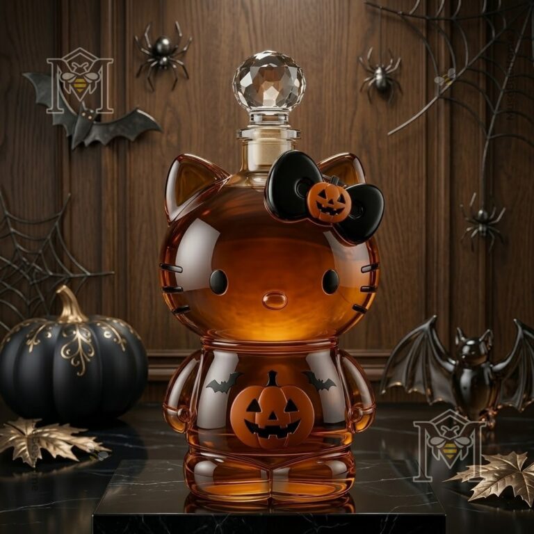 Hello Kitty Pumpkin Bow Halloween Whiskey Decanter - front view with Halloween decor
