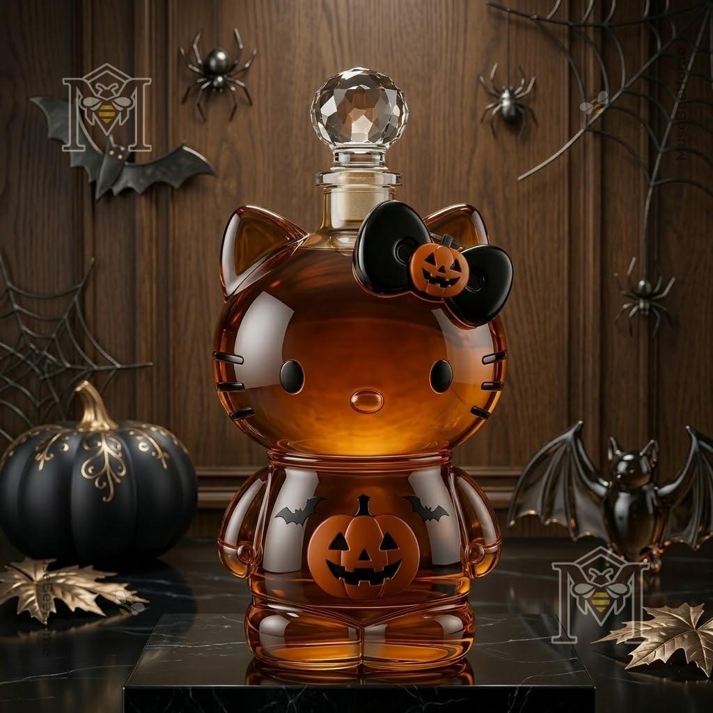 Hello Kitty Pumpkin Bow Halloween Whiskey Decanter – Front view with Halloween decor Hello Kitty Pumpkin Bow Halloween Whiskey Decanter - front view with Halloween decor