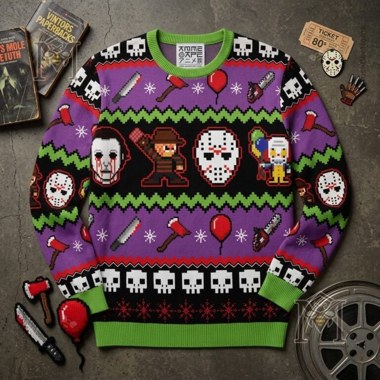 Horror Movie Icons Retro 8-Bit Ugly Christmas Sweater - close-up of the upper torso design