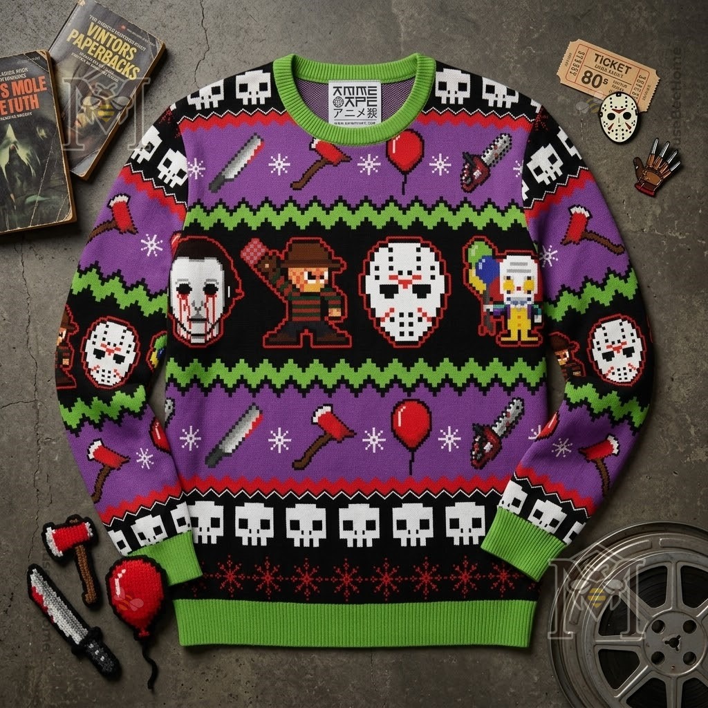 Horror Movie Icons Retro 8-Bit Ugly Christmas Sweater - close-up of the upper torso design