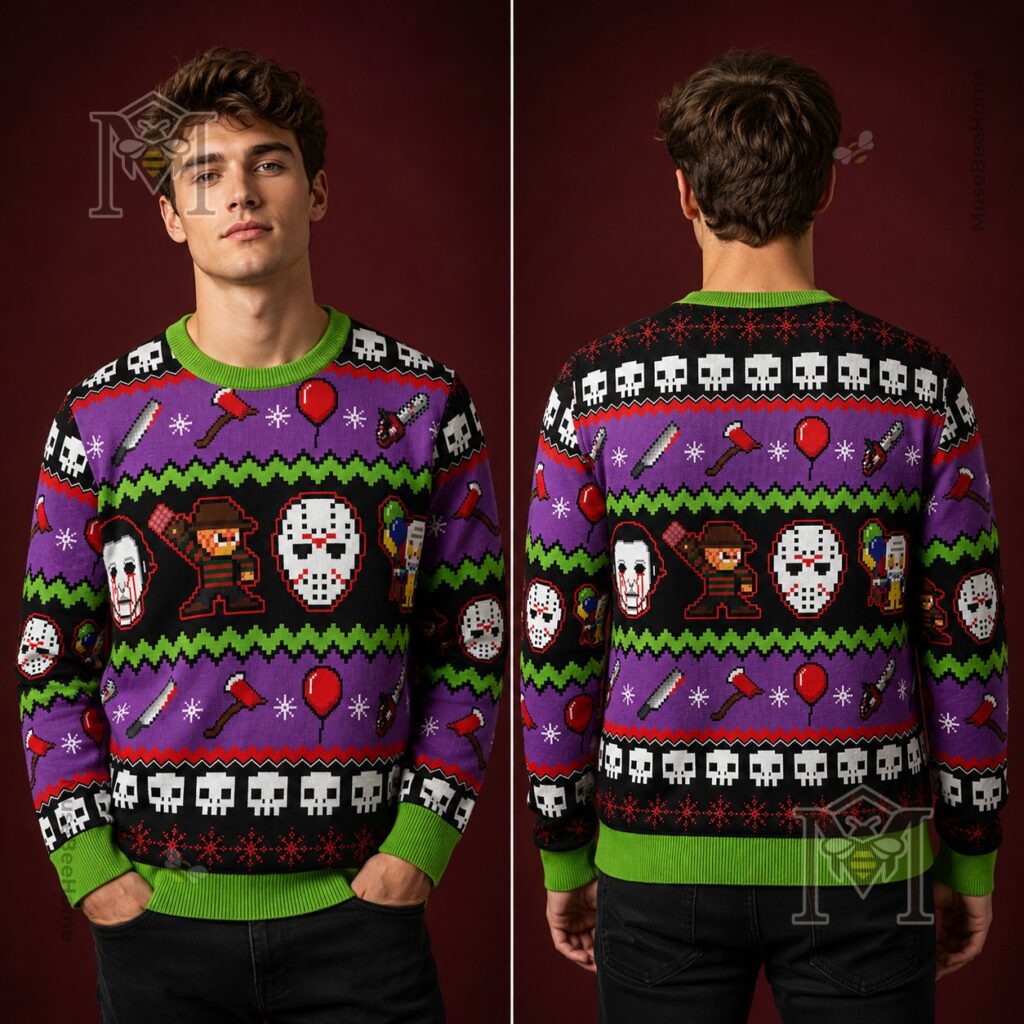 Horror Movie Icons Retro 8-Bit Ugly Christmas Sweater - close-up of the lower torso and sleeve