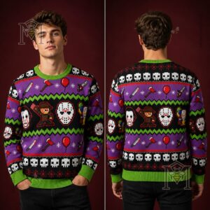 Horror Movie Icons Retro 8-Bit Ugly Christmas Sweater - close-up of the lower torso and sleeve