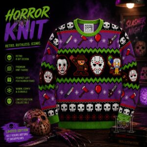 Horror Movie Icons Retro 8-Bit Ugly Christmas Sweater - overall view with promotional text