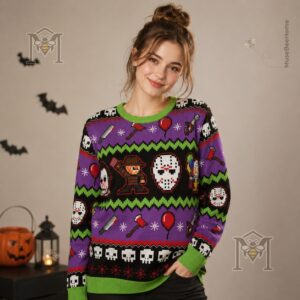 Horror Movie Icons Retro 8-Bit Ugly Christmas Sweater - detailed view of the hem and movie cases