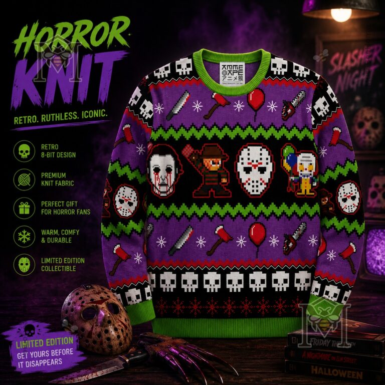 Horror Movie Icons Retro 8-Bit Ugly Christmas Sweater - overall view with promotional text