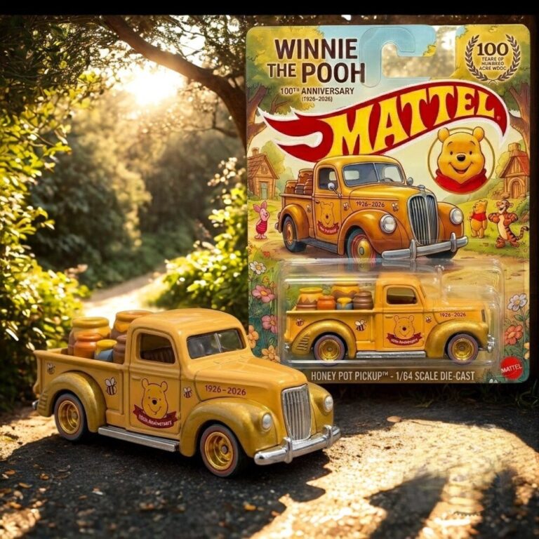 Hot Wheels Winnie the Pooh 100th Anniversary Honey Pot Pickup Die-Cast - displayed with packaging