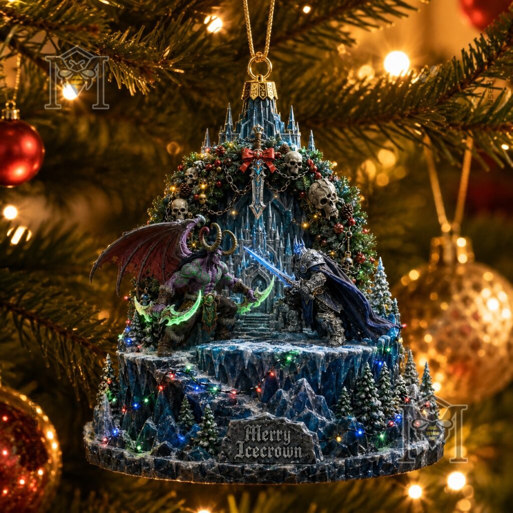 Icecrown fortress ornament with skull wreath and colorful lights