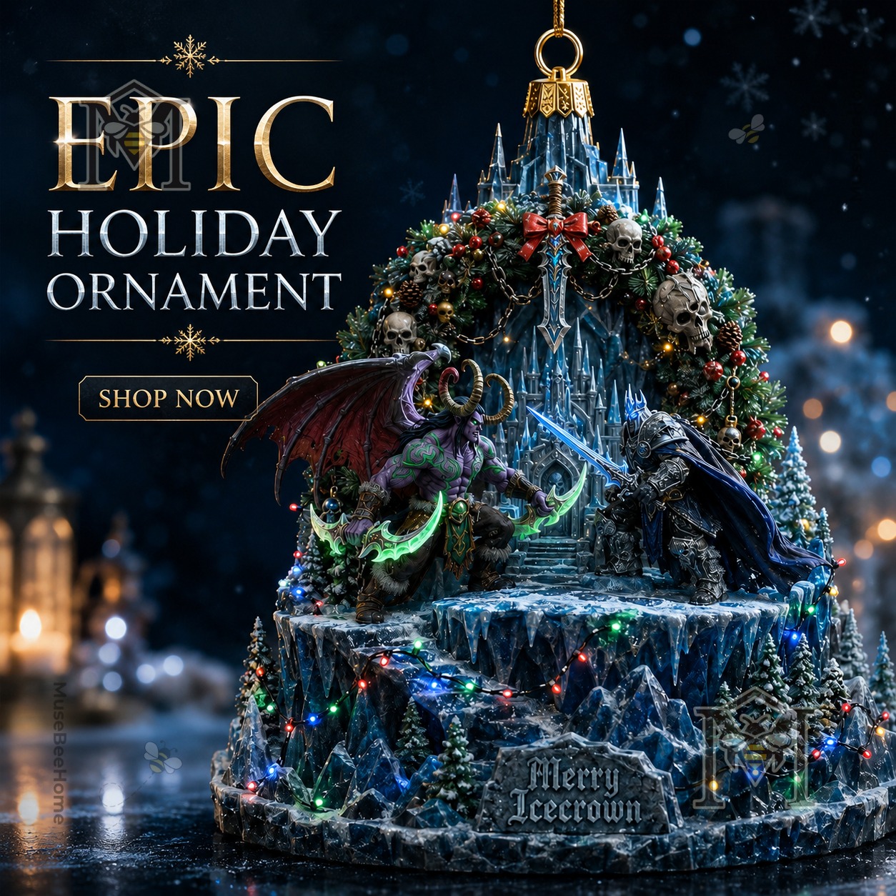 Illidan Stormrage vs Lich King Icecrown Battle Christmas Ornament 2026 - full front view