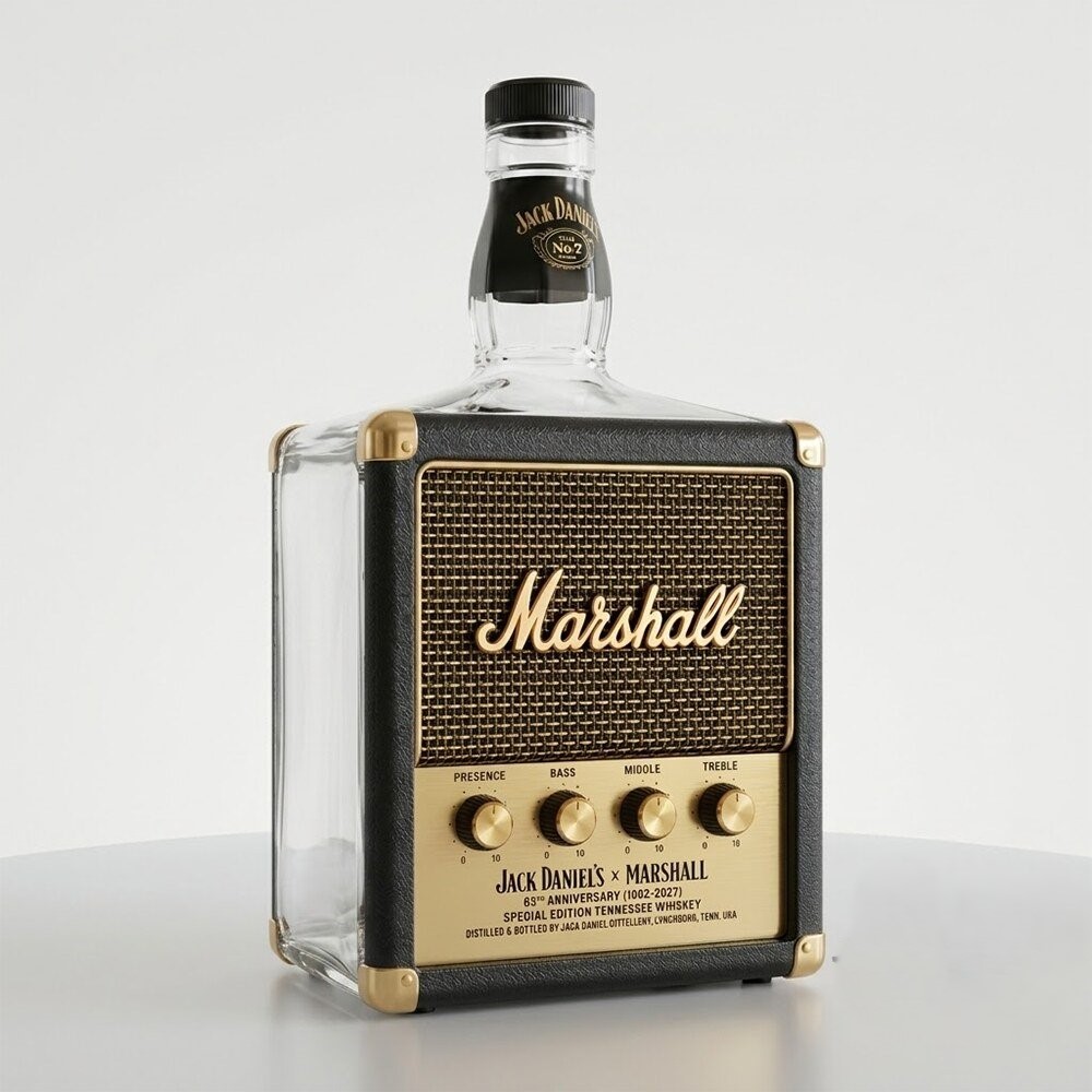 Jack Daniel's Marshall 65th Anniversary Whiskey Bottle Collector Edition - close-up of top and right side