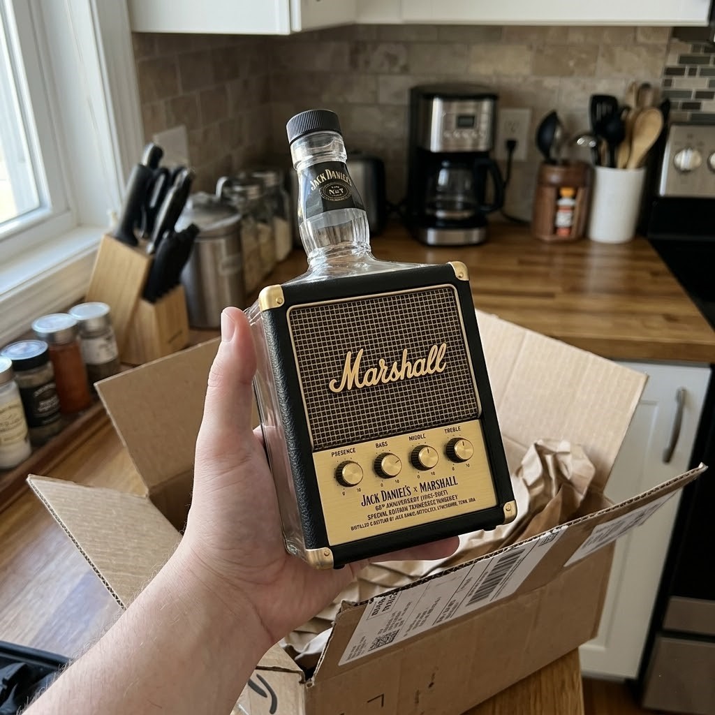 Jack Daniel's Marshall 65th Anniversary Whiskey Bottle Collector Edition - angled view from right