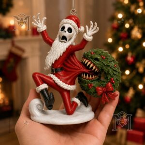 Jack Skellington Christmas Has No Escape Christmas 2026 Ornament - close up of Santa Jack's legs and wreath's