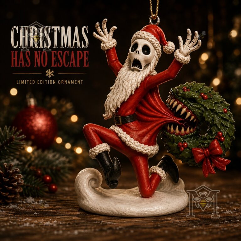 Jack Skellington Christmas Has No Escape Christmas 2026 Ornament - full view with festive background