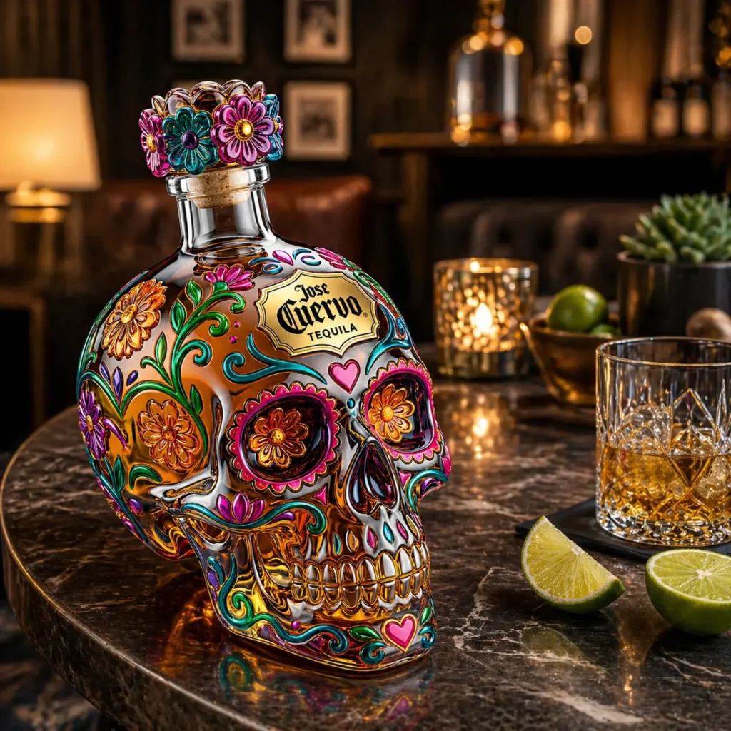 Jose Cuervo Day of the Dead Tequila Bottle Collector Edition - close-up of floral cork and bottle label