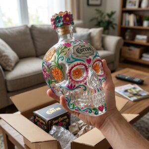 Jose Cuervo Day of the Dead Tequila Bottle Collector Edition - angled view showing skull bottle decoration