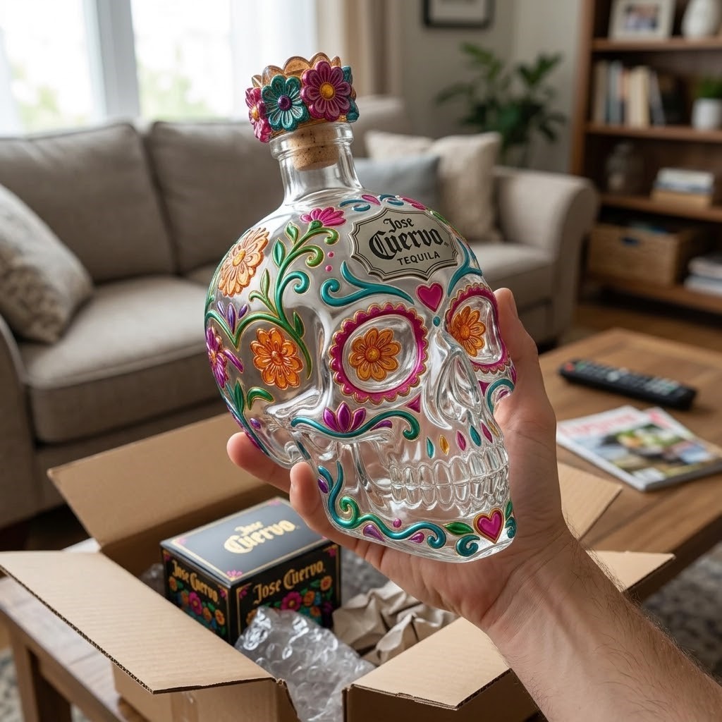 Jose Cuervo Day of the Dead Tequila Bottle Collector Edition - angled view showing skull bottle decoration