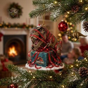 Jurassic Park T-Rex Christmas 2026 Ornament - side view with Santa hat