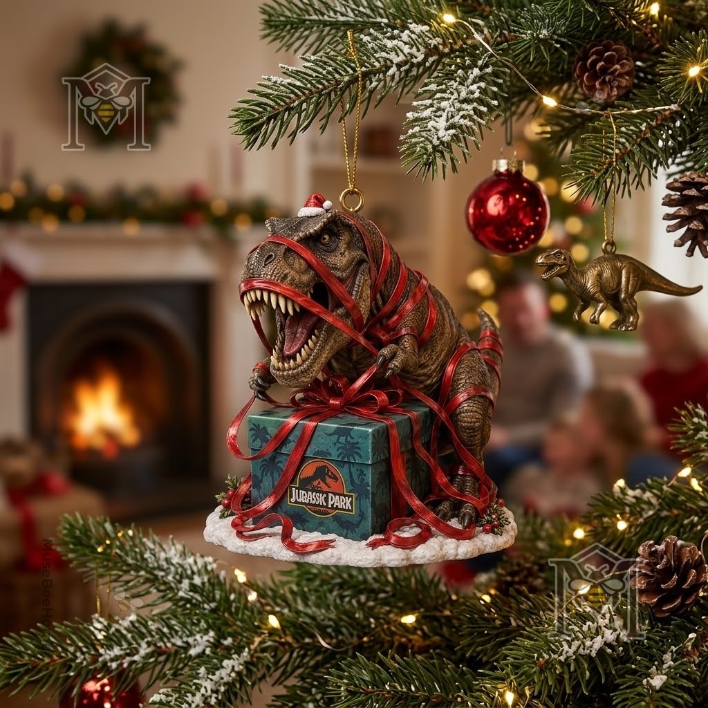 Jurassic Park T-Rex Christmas 2026 Ornament - side view with Santa hat