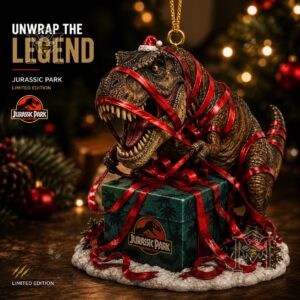 Jurassic Park T-Rex Christmas 2026 Ornament - full display with gift box