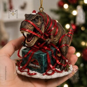 Jurassic Park T-Rex Christmas 2026 Ornament - close-up of gift box base