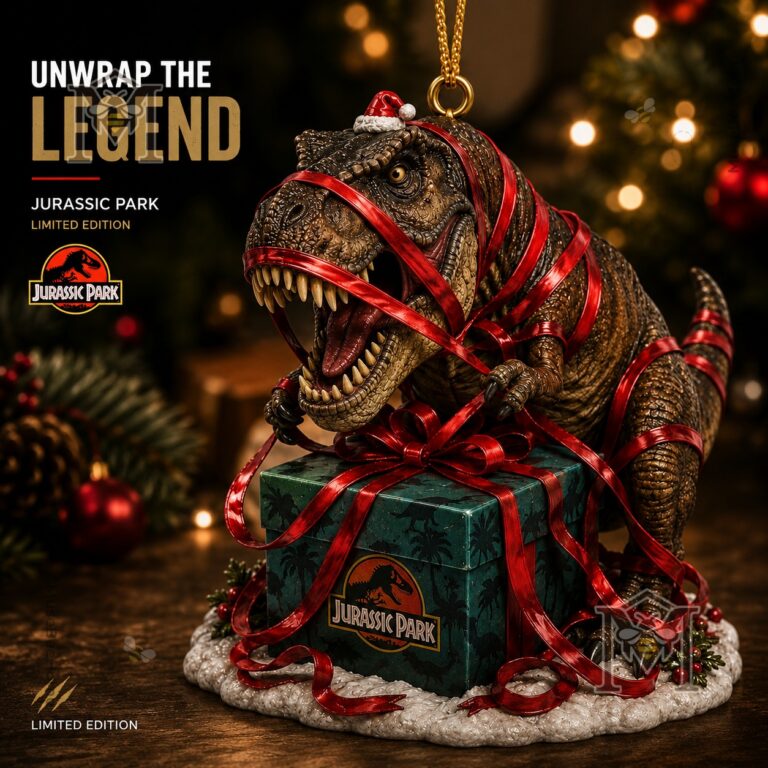 Jurassic Park T-Rex Christmas 2026 Ornament - full display with gift box