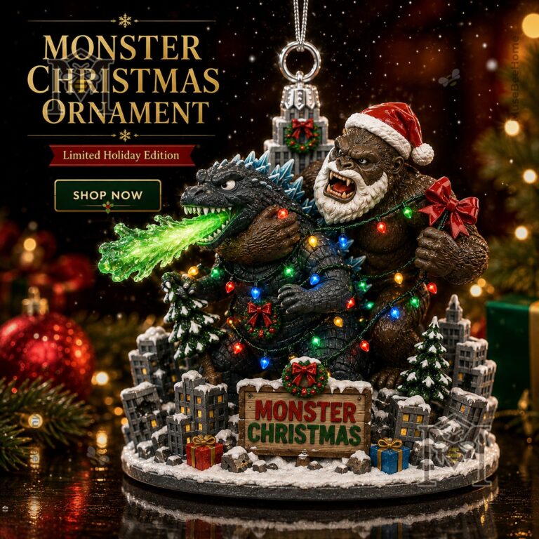Kaiju King vs Kong Monster Christmas Ornament 2026 - front view showing both characters and snowy village