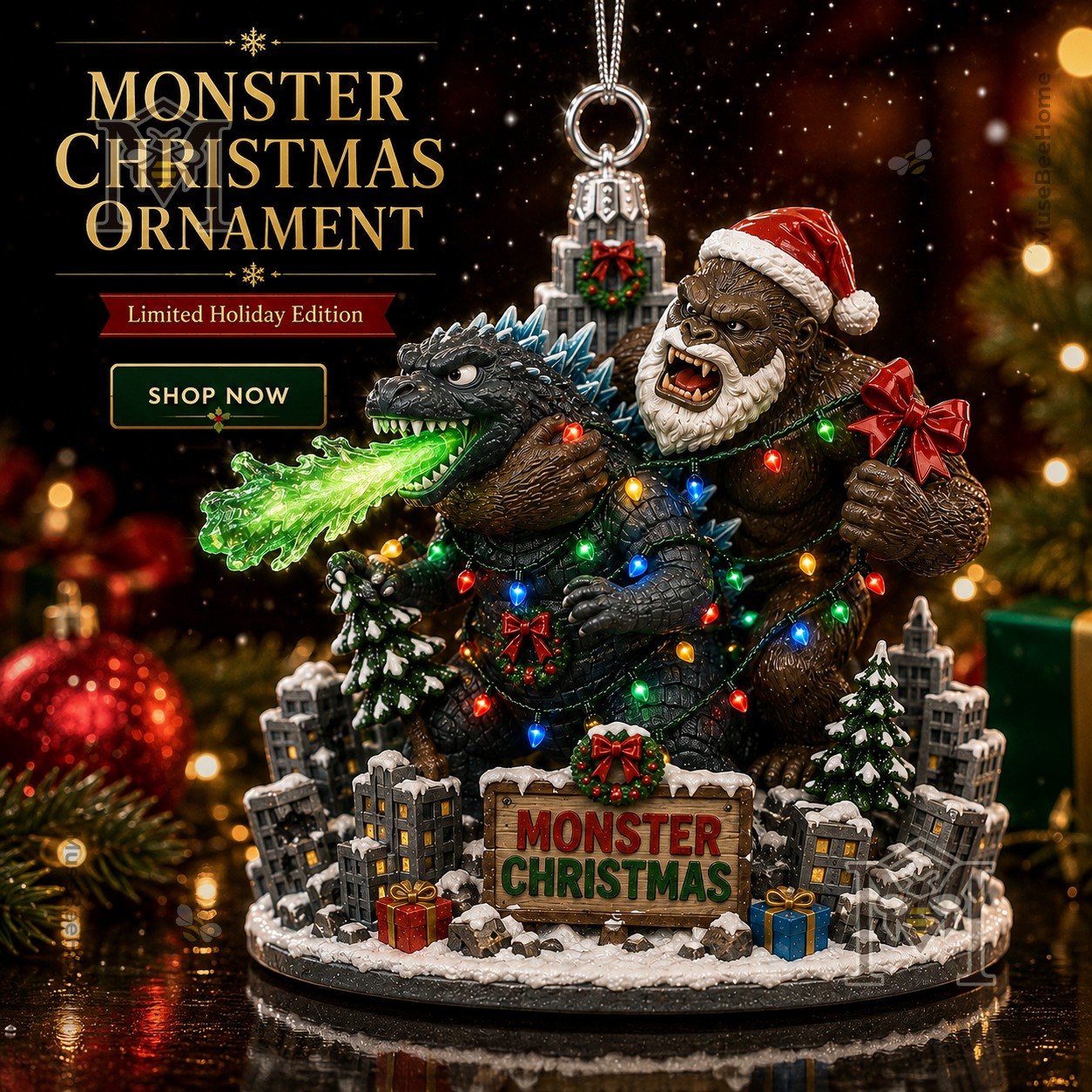 Kaiju King vs Kong Monster Christmas Ornament 2026 - front view showing both characters and snowy village