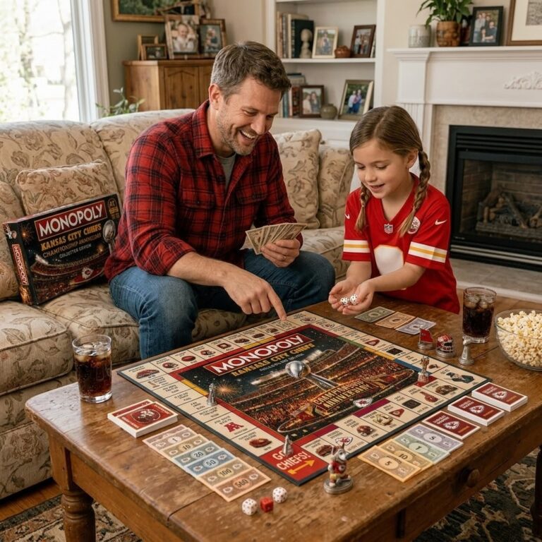 Monopoly board game box and board corner with "Chief of Champs!" lighted sign