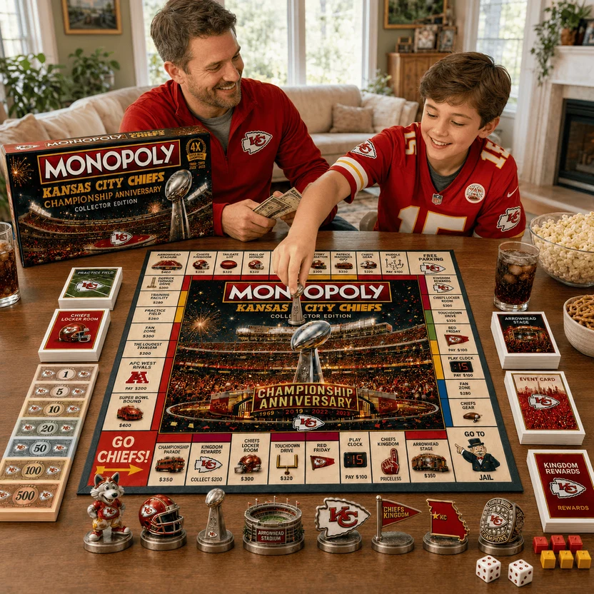 Monopoly board game box and board with "This is Chiefs Kingdom" decorative sign
